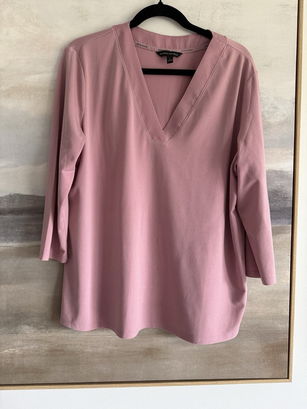 Banana Republic Large Blouse Top Contrast V Neck Mauve Crepe Jersey Knit Shirt